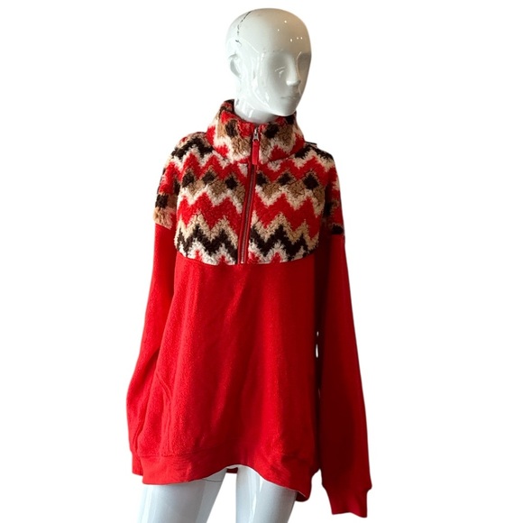 Aerie Hometown Holiday Red Chevron Sherpa Fleece Quarter Zip Sweatshirt Size L - Picture 2 of 13